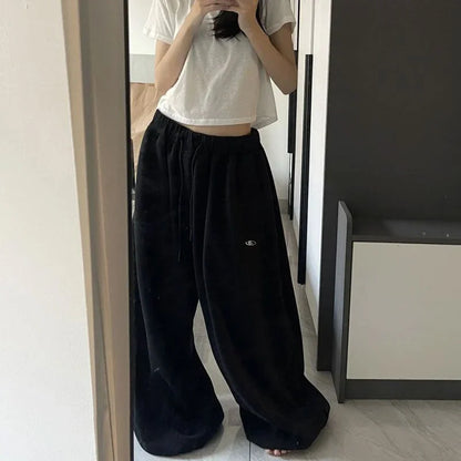Czarne Spodnie Dresowe Damskie Wide Leg Wysoki Stan – Retro HipHop Korean