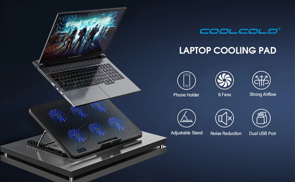 Podstawka chłodząca pod laptopa 15,6"-17,3" | 6 cichych wentylatorów, 7 poziomów wysokości, uchwyt na telefon | Coolcold F5