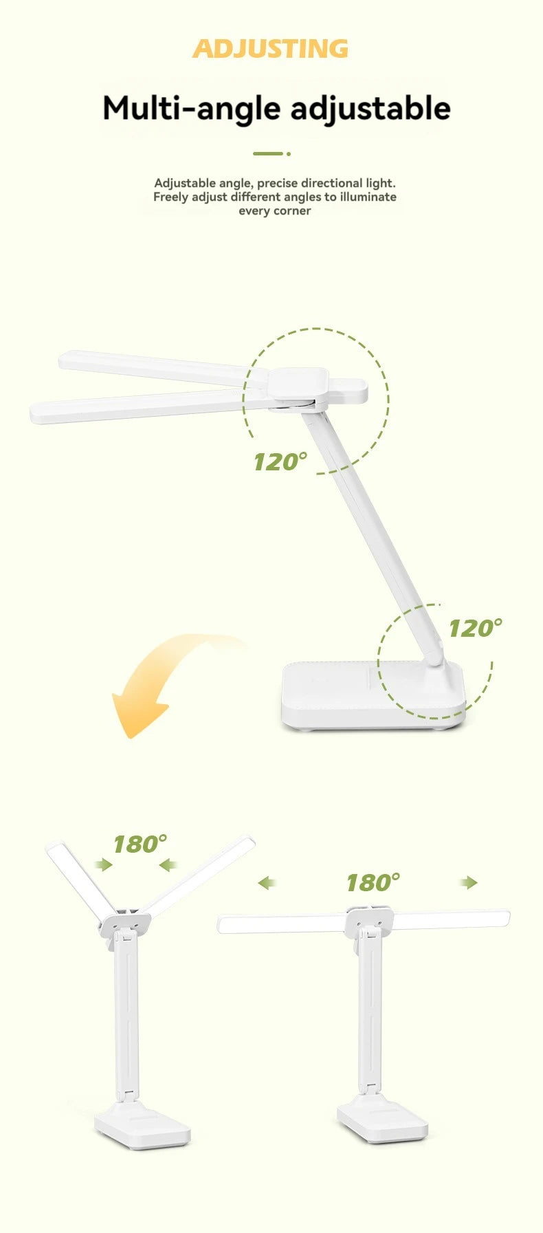 Lampka biurkowa LED z podwójną głowicą, ściemnialna, USB, akumulator