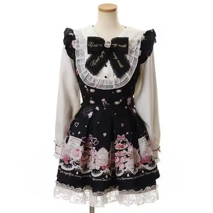 Sukienka Kawaii Lolita z Kokardą i Nadrukiem – Japoński Styl Fake Two Piece