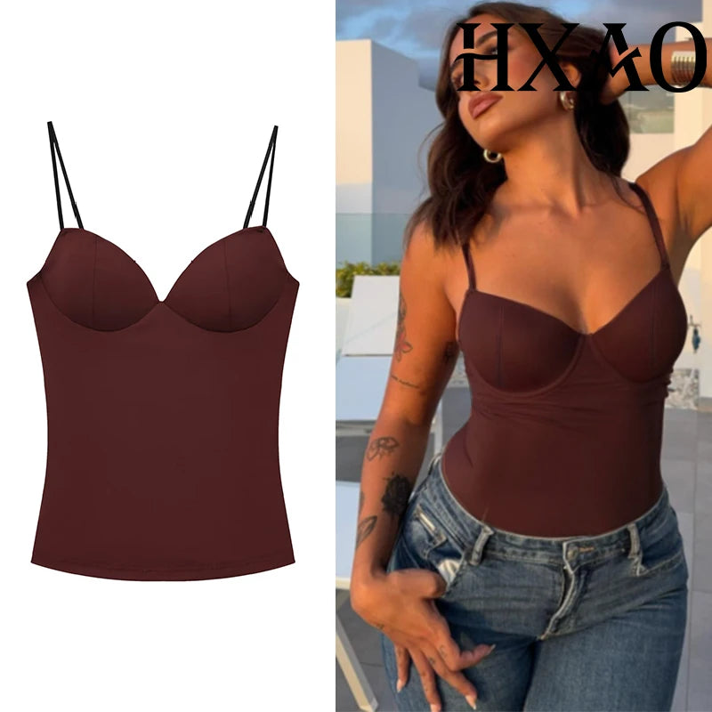 Gorsetowy Top Damski Crop na Ramiączkach – Brązowy Bustier Bodycon Backless