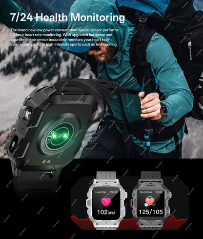 Militarny Smartwatch Męski z Latarką LED i Ekranem 2,01" HD | Bluetooth, Tętno, SpO2