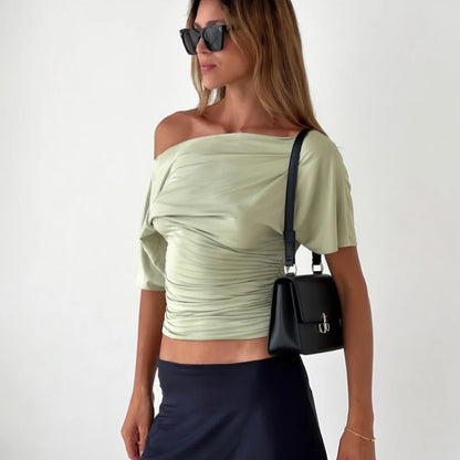 Top Damski na Jedno Ramię Y2K – Dopasowany Krótki Rękaw na Imprezę i Lato