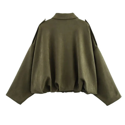 Kurtka bomber damska vintage – luźny krój, kołnierz, długi rękaw