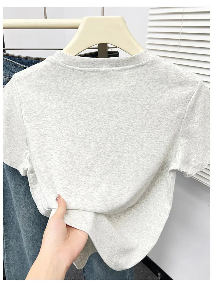 2026 Summer New High Quality Casual T Shirt Sexy Short Sleeved Sleeves Fashion Trend Solid Women Clothing Y2k Tops