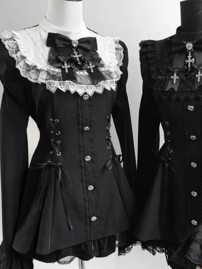 Sukienka Kawaii Lolita z Kokardą i Nadrukiem – Japoński Styl Fake Two Piece