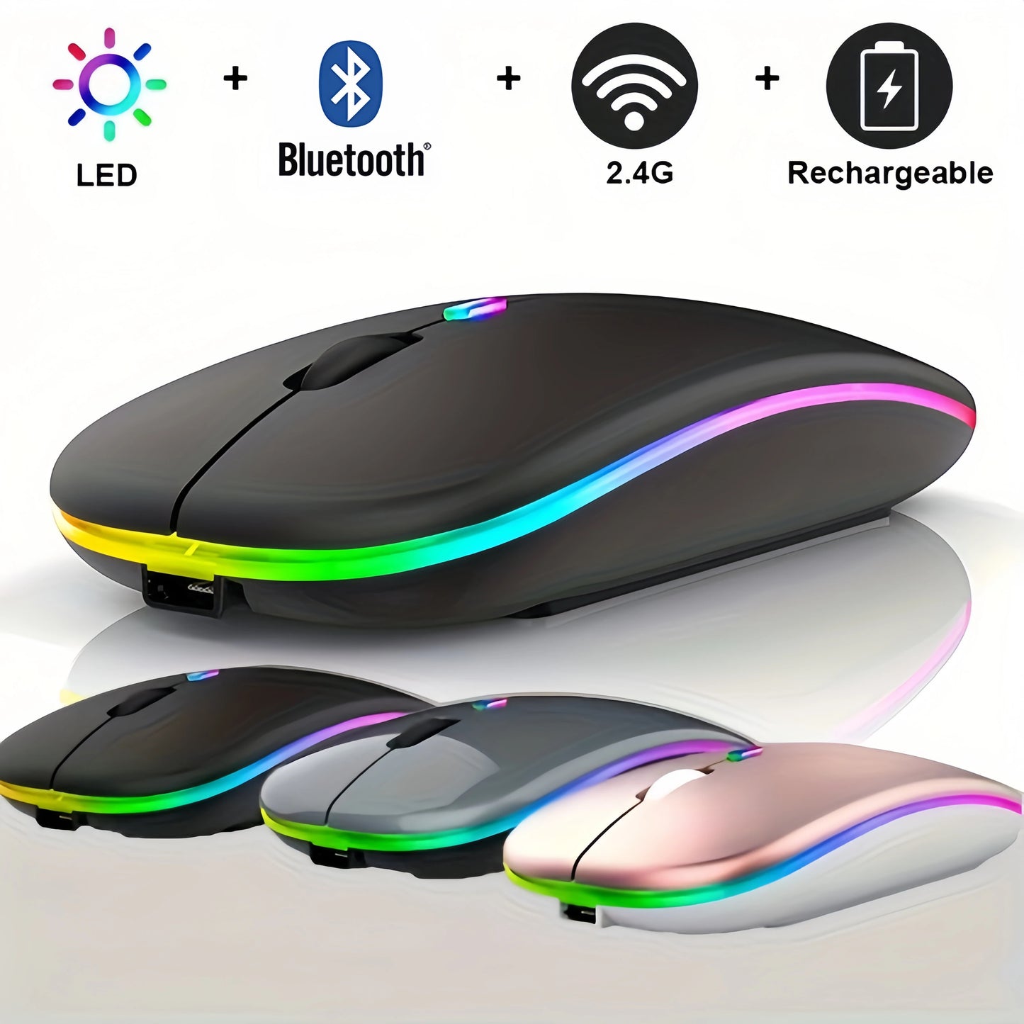 Mysz bezprzewodowa 2.4GHz / Bluetooth 5.1 RGB Cicha Ładowalna 1600DPI Ergonomiczna do PC i Laptopa