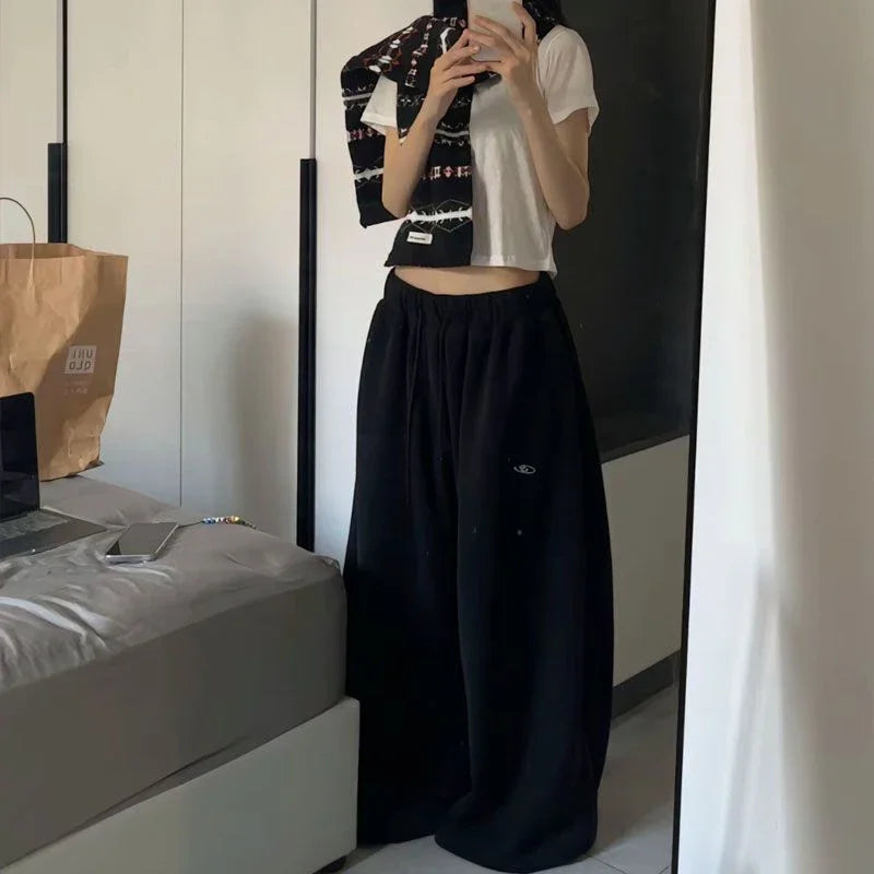 Czarne Spodnie Dresowe Damskie Wide Leg Wysoki Stan – Retro HipHop Korean
