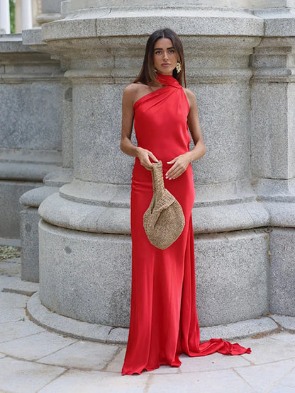Satynowa Sukienka Halter Maxi z Odkrytymi Plecami – Wesele Studniówka Lato