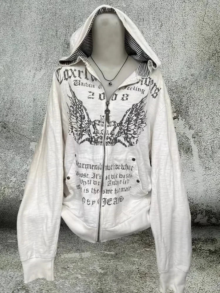 Szara Bluza Dwustronna Oversize z Zamkiem Y2K Gothic – Korean Fashion Para