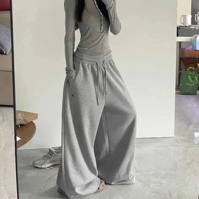 Czarne Spodnie Dresowe Damskie Wide Leg Wysoki Stan – Retro HipHop Korean