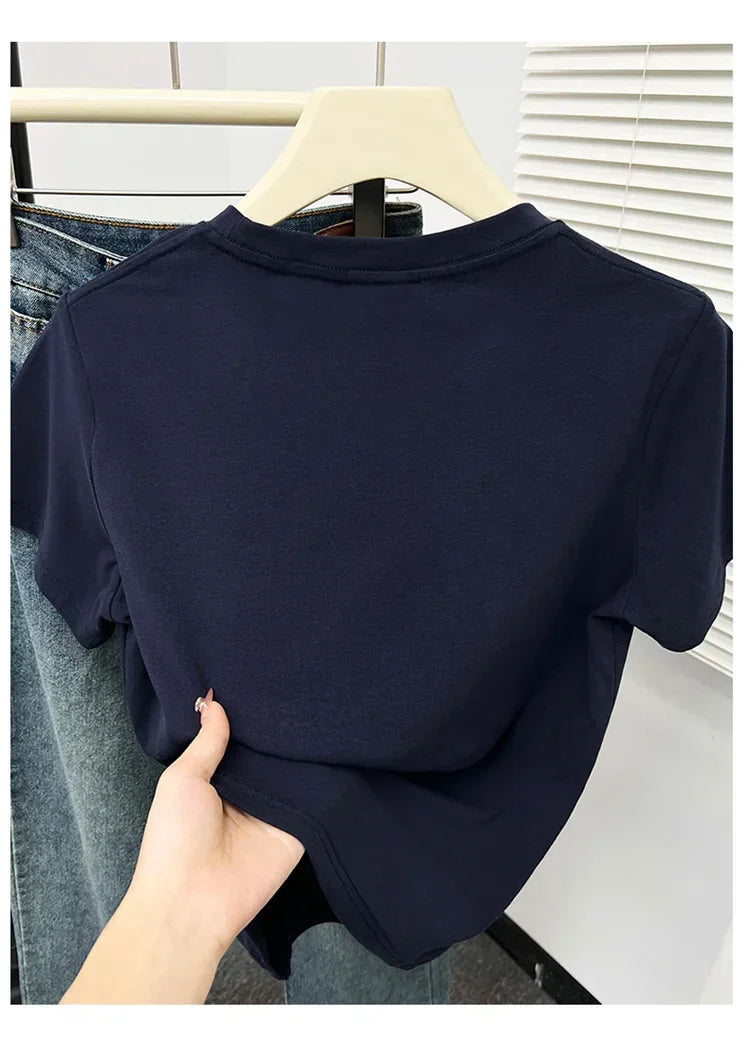 2026 Summer New High Quality Casual T Shirt Sexy Short Sleeved Sleeves Fashion Trend Solid Women Clothing Y2k Tops