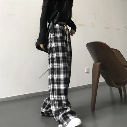 Spodnie Dresowe Oversize w Czarną Kratę – Baggy Unisex HipHop z Kieszeniami