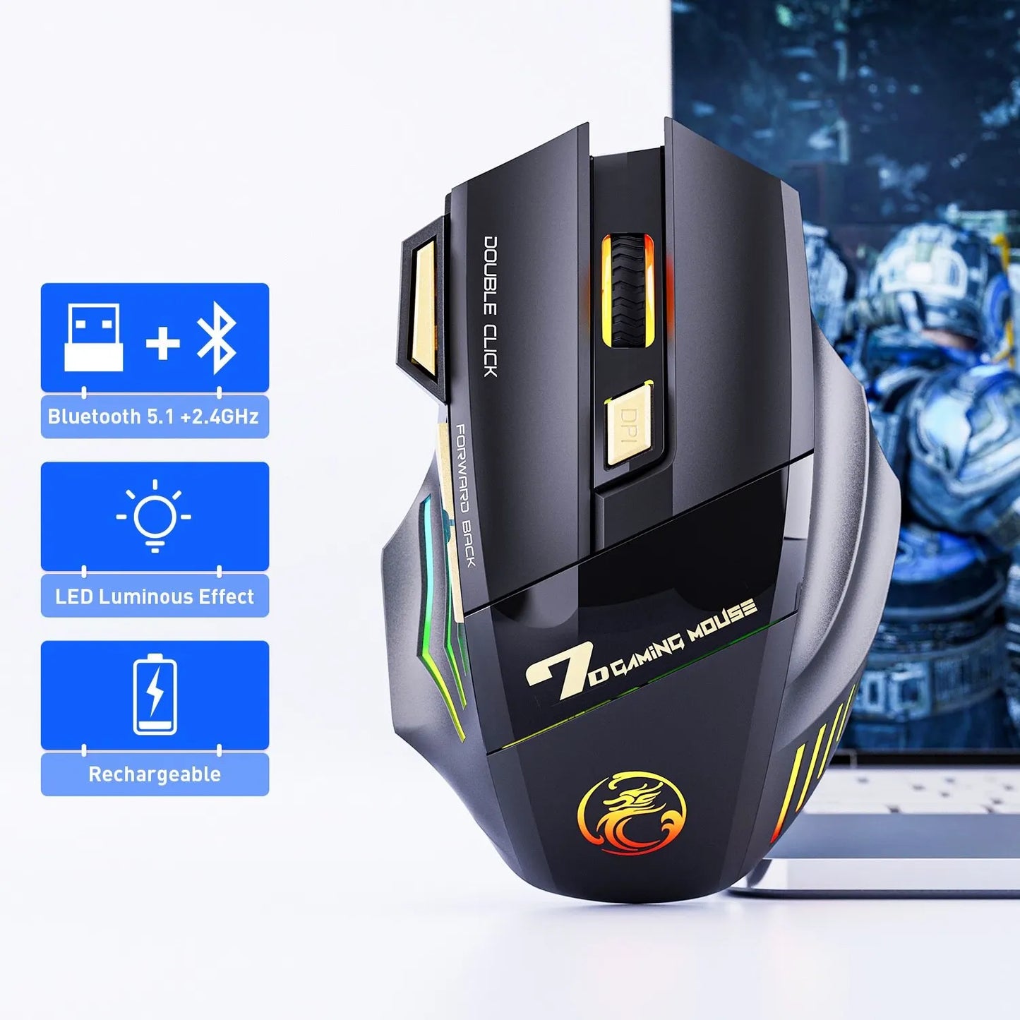 Mysz Bezprzewodowa IMICE GW-X7 Gaming 3200DPI Bluetooth 2.4GHz 7 Klawiszy LED RGB Cicha Ładowalna