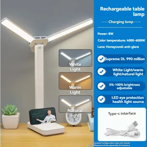 Lampka biurkowa LED z podwójną głowicą, ściemnialna, USB, akumulator