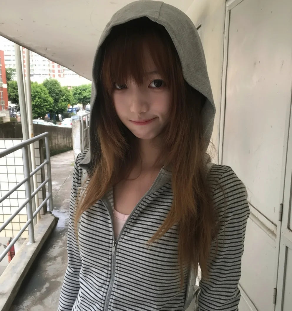 Bluza Damska w Paski z Kapturem Y2K E-girl – Japoński Streetwear z Zamkiem