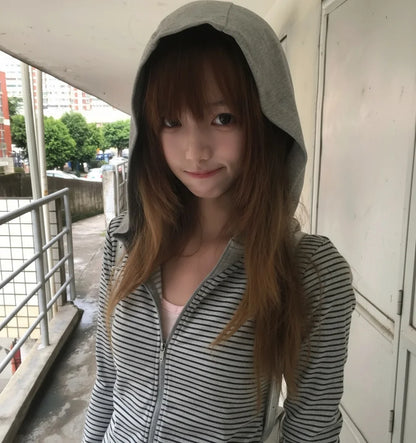 Bluza Damska w Paski z Kapturem Y2K E-girl – Japoński Streetwear z Zamkiem
