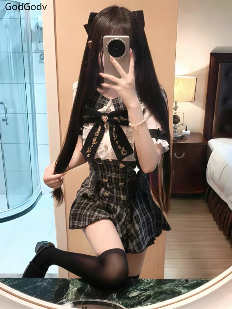 Sukienka Kawaii Lolita z Kokardą i Nadrukiem – Japoński Styl Fake Two Piece