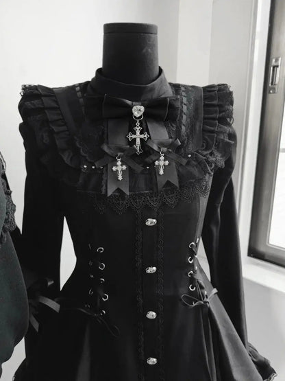 Sukienka Kawaii Lolita z Kokardą i Nadrukiem – Japoński Styl Fake Two Piece