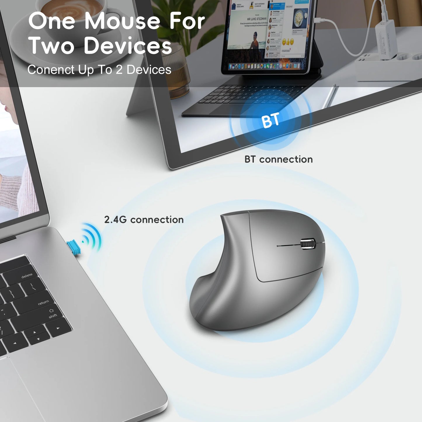 Mysz pionowa bezprzewodowa HXSJ T22 2.4G+BT5.1 ergonomiczna 2400DPI RGB ładowana USB-C