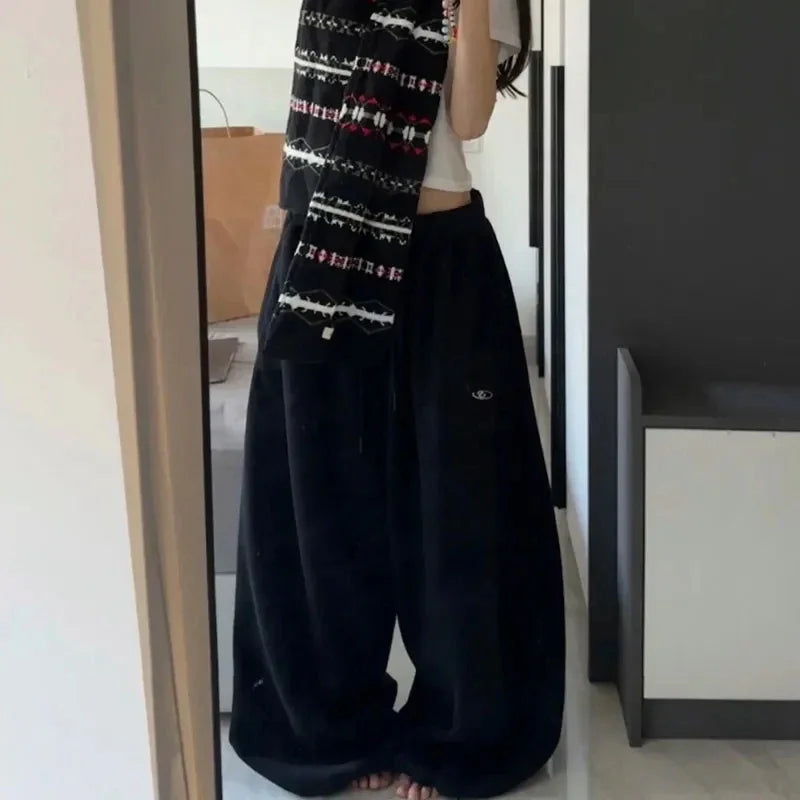Czarne Spodnie Dresowe Damskie Wide Leg Wysoki Stan – Retro HipHop Korean