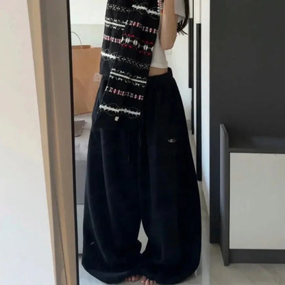 Czarne Spodnie Dresowe Damskie Wide Leg Wysoki Stan – Retro HipHop Korean