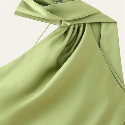 Satynowa Sukienka Halter Maxi z Odkrytymi Plecami – Wesele Studniówka Lato