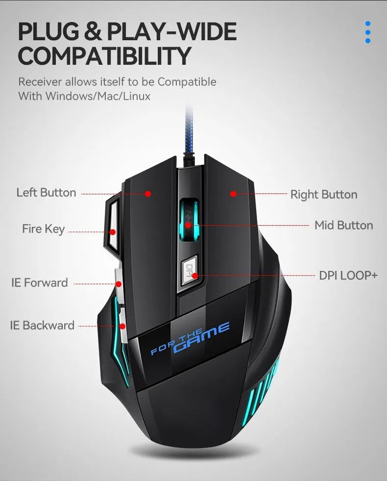 Mysz gamingowa RGB USB przewodowa 7 przycisków 5500 DPI ergonomiczna