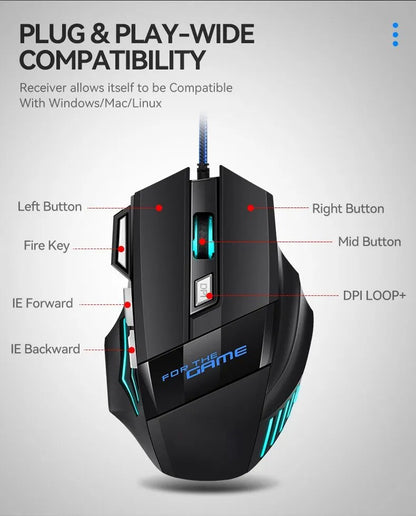 Mysz gamingowa RGB USB przewodowa 7 przycisków 5500 DPI ergonomiczna