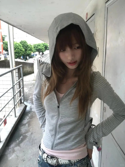 Bluza Damska w Paski z Kapturem Y2K E-girl – Japoński Streetwear z Zamkiem