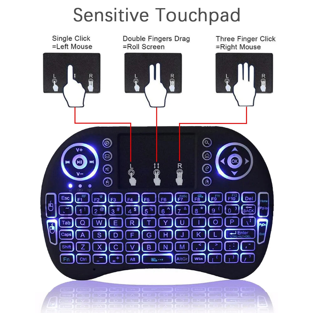 Mini klawiatura bezprzewodowa i8 z touchpadem i podświetleniem RGB – 2.4G, układ RU/EN/FR/ES/AR