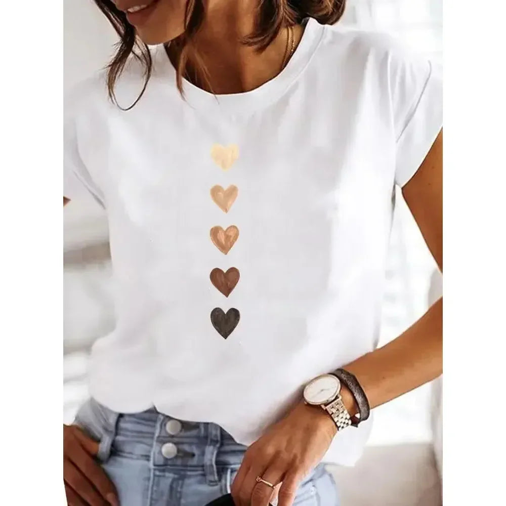 Damski T-shirt Y2K z nadrukiem serca, letnia koszulka 90s