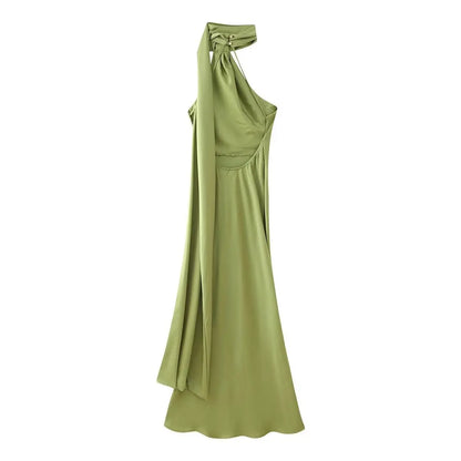 Satynowa Sukienka Halter Maxi z Odkrytymi Plecami – Wesele Studniówka Lato