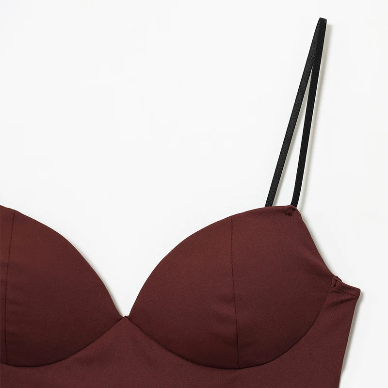 Gorsetowy Top Damski Crop na Ramiączkach – Brązowy Bustier Bodycon Backless
