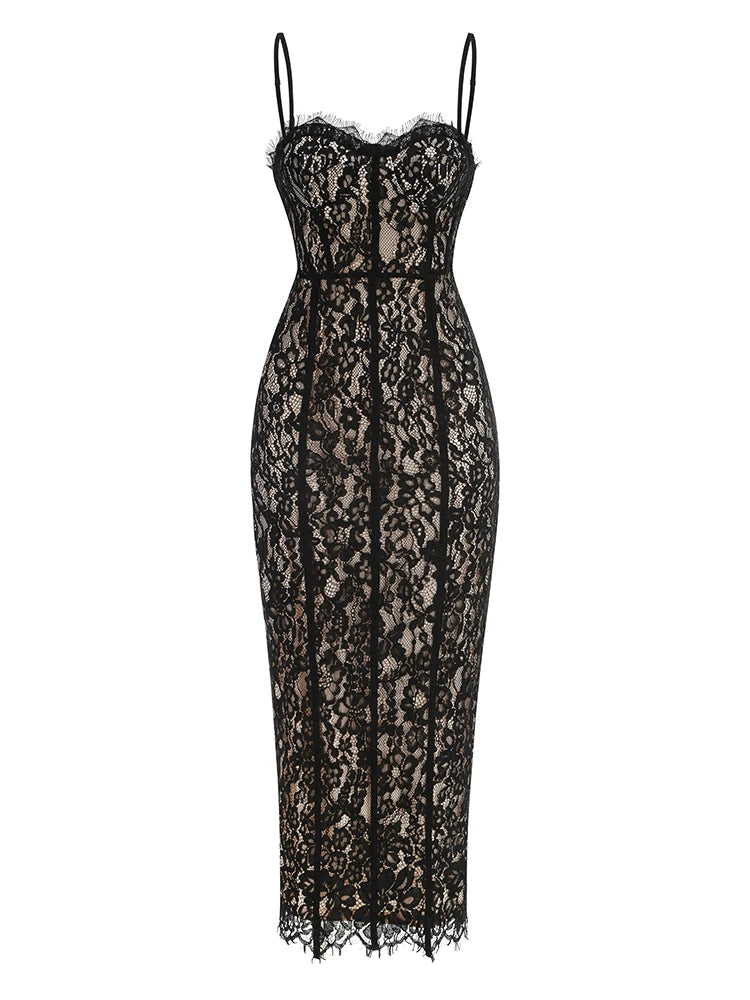 Czarna Koronkowa Sukienka Maxi Bodycon V-neck – Wieczorowa na Imprezę i Randkę