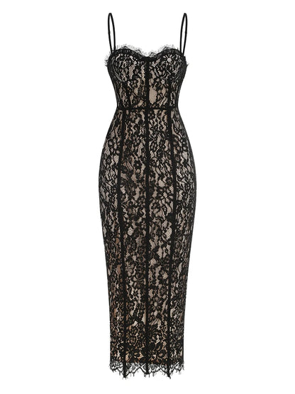 Czarna Koronkowa Sukienka Maxi Bodycon V-neck – Wieczorowa na Imprezę i Randkę
