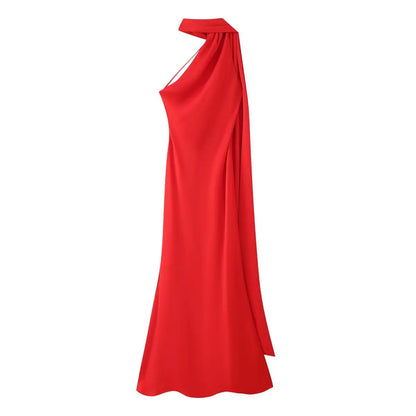 Satynowa Sukienka Halter Maxi z Odkrytymi Plecami – Wesele Studniówka Lato