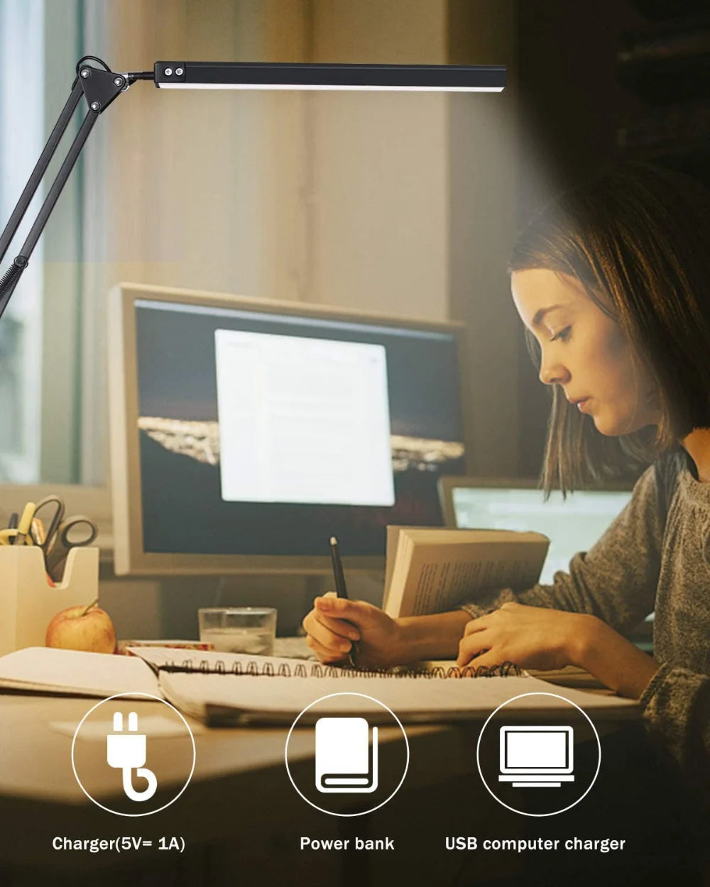 Lampka biurkowa LED 10W z imadłem i ramieniem | 10 poziomów jasności, 3 tryby, USB | ALTCHIHYQ