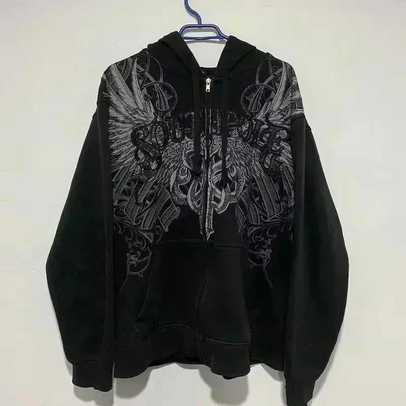 Szara Bluza Dwustronna Oversize z Zamkiem Y2K Gothic – Korean Fashion Para
