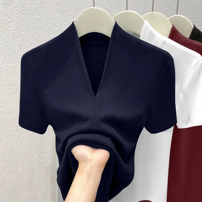 Summer 2025 NEW Sexy V Neck Slim T Shirt Women Cotton Elastic Basic Solid Female Casual Tops Short Sleeve Thin T-shirts
