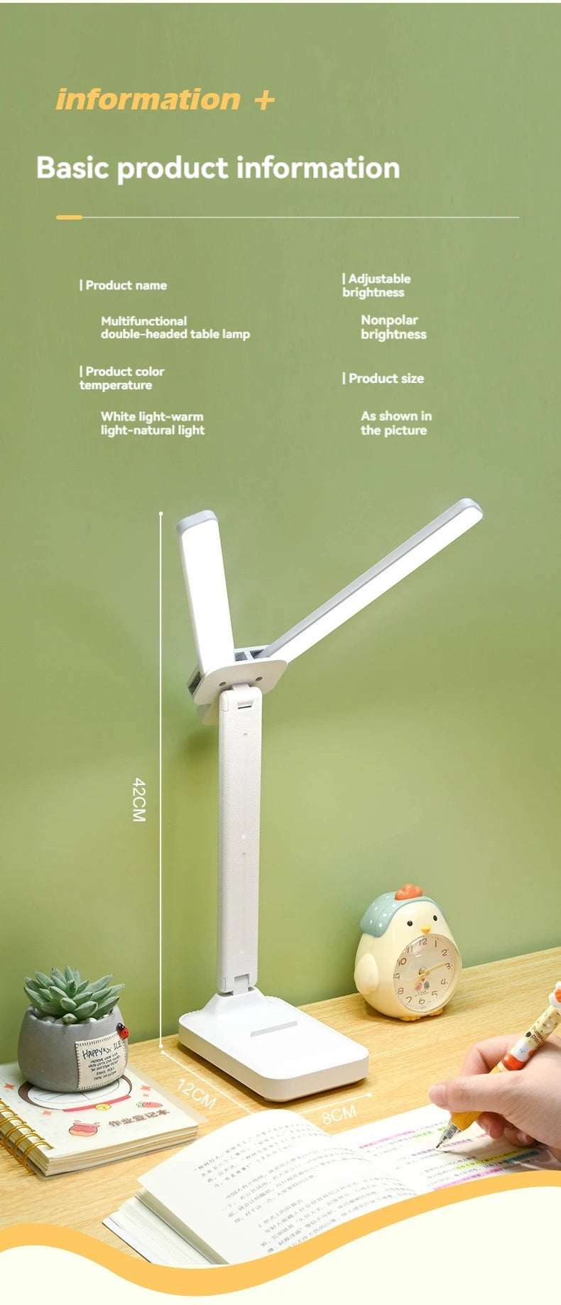 Lampka biurkowa LED z podwójną głowicą, ściemnialna, USB, akumulator