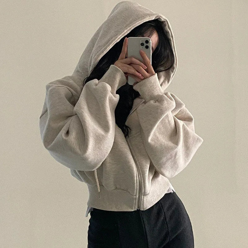 Bluza Damska Crop Top z Kapturem i Zamkiem Y2K – Streetwear Harajuku