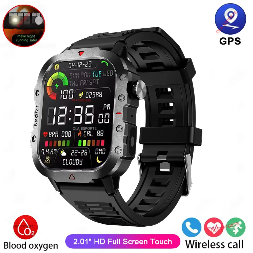 Militarny Smartwatch Męski z Latarką LED i Ekranem 2,01" HD | Bluetooth, Tętno, SpO2