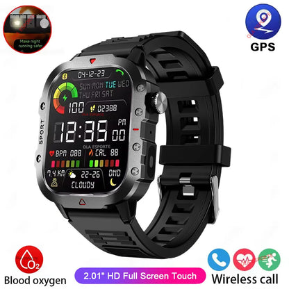 Militarny Smartwatch Męski z Latarką LED i Ekranem 2,01" HD | Bluetooth, Tętno, SpO2