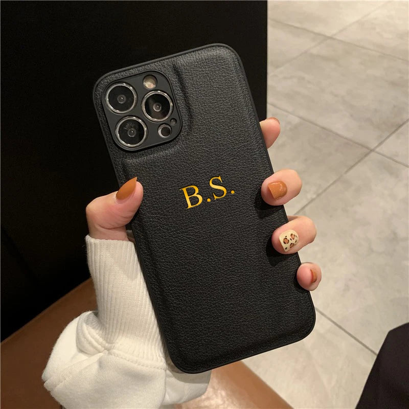 Personalizowane Etui iPhone 17 16 15 14 13 12 11 Pro Max – Skóra PU z Inicjałami i Imieniem