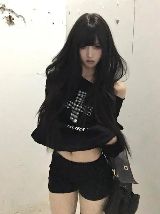 Czarna Bluza z Nadrukiem na Jedno Ramię – Y2K Grunge Harajuku 2000s