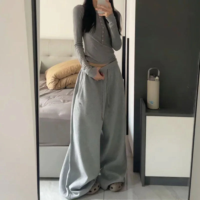 Czarne Spodnie Dresowe Damskie Wide Leg Wysoki Stan – Retro HipHop Korean
