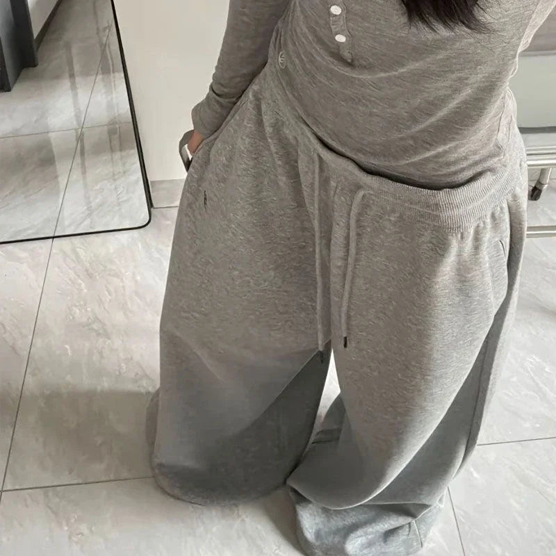 Czarne Spodnie Dresowe Damskie Wide Leg Wysoki Stan – Retro HipHop Korean