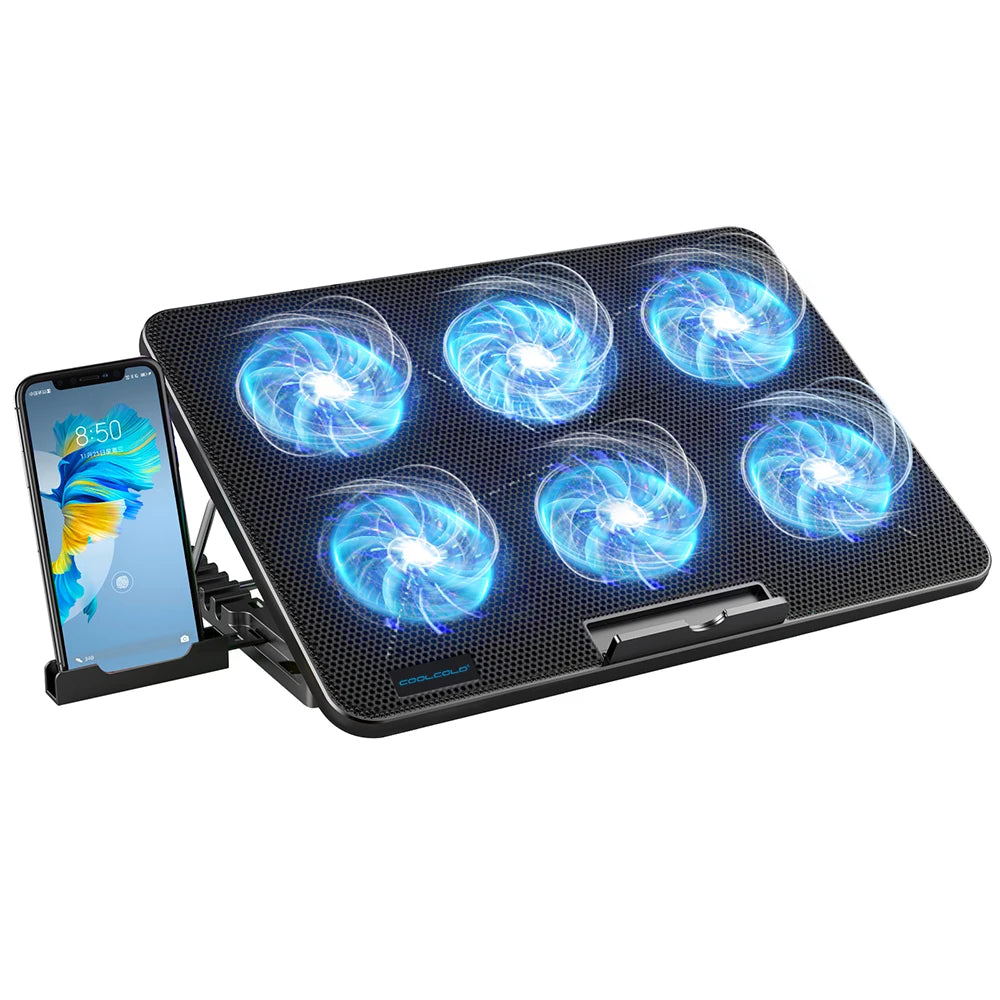 Podstawka chłodząca pod laptopa 15,6"-17,3" | 6 cichych wentylatorów, 7 poziomów wysokości, uchwyt na telefon | Coolcold F5