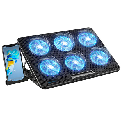 Podstawka chłodząca pod laptopa 15,6"-17,3" | 6 cichych wentylatorów, 7 poziomów wysokości, uchwyt na telefon | Coolcold F5